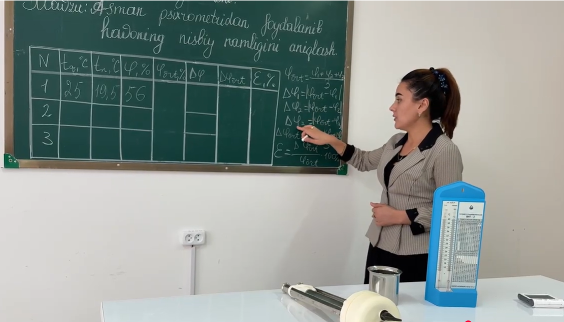 FizikPraktikum fanidan “Asman psixrometri yordamida havoning nisbiy namligini aniqlash” mavzusidagi laboratoriya darsi ochiq dars tarzida tashkil etildi.
